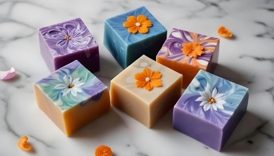 Beautiful handmade soaps in various colors are displayed.